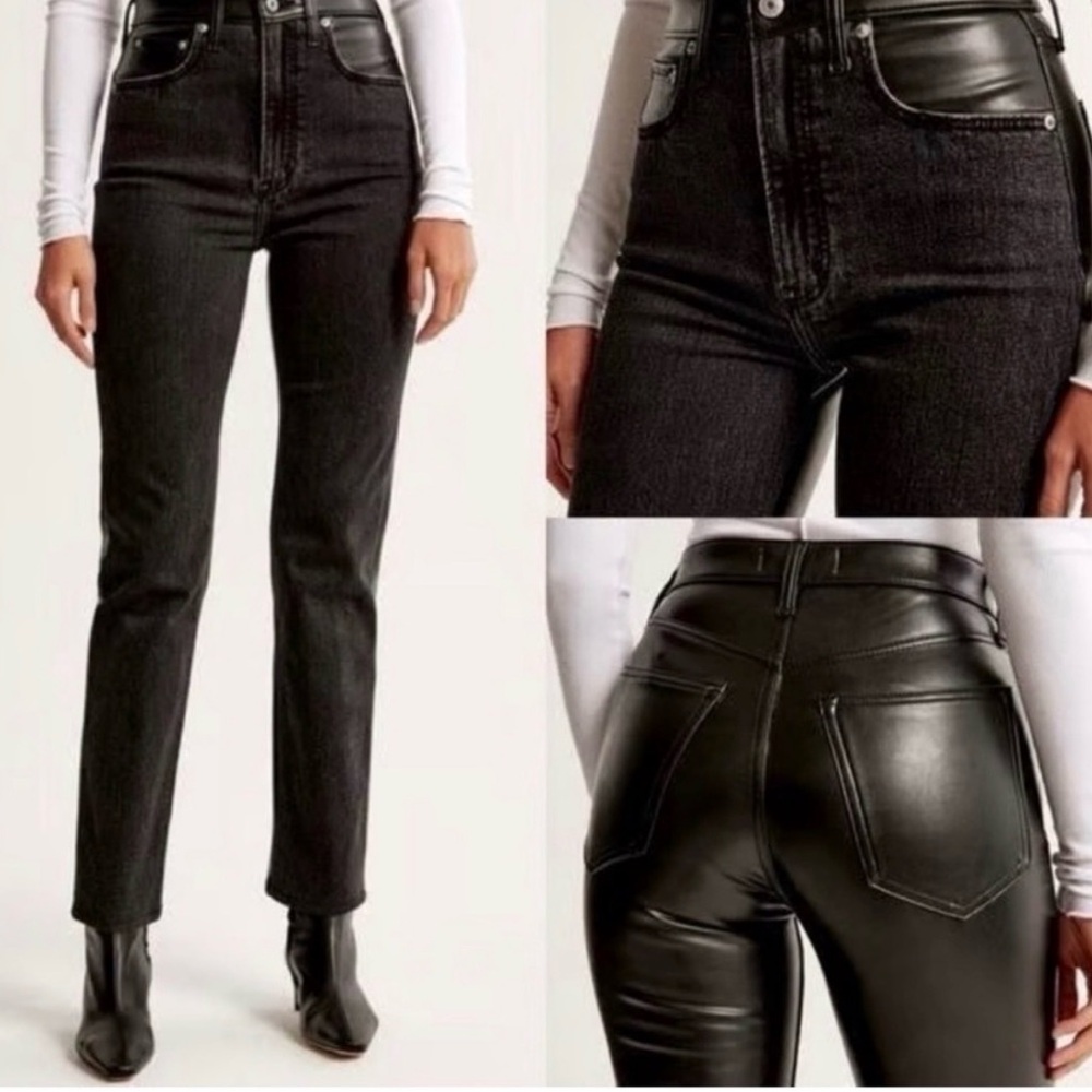 Black Denim Pants with Leather Accents